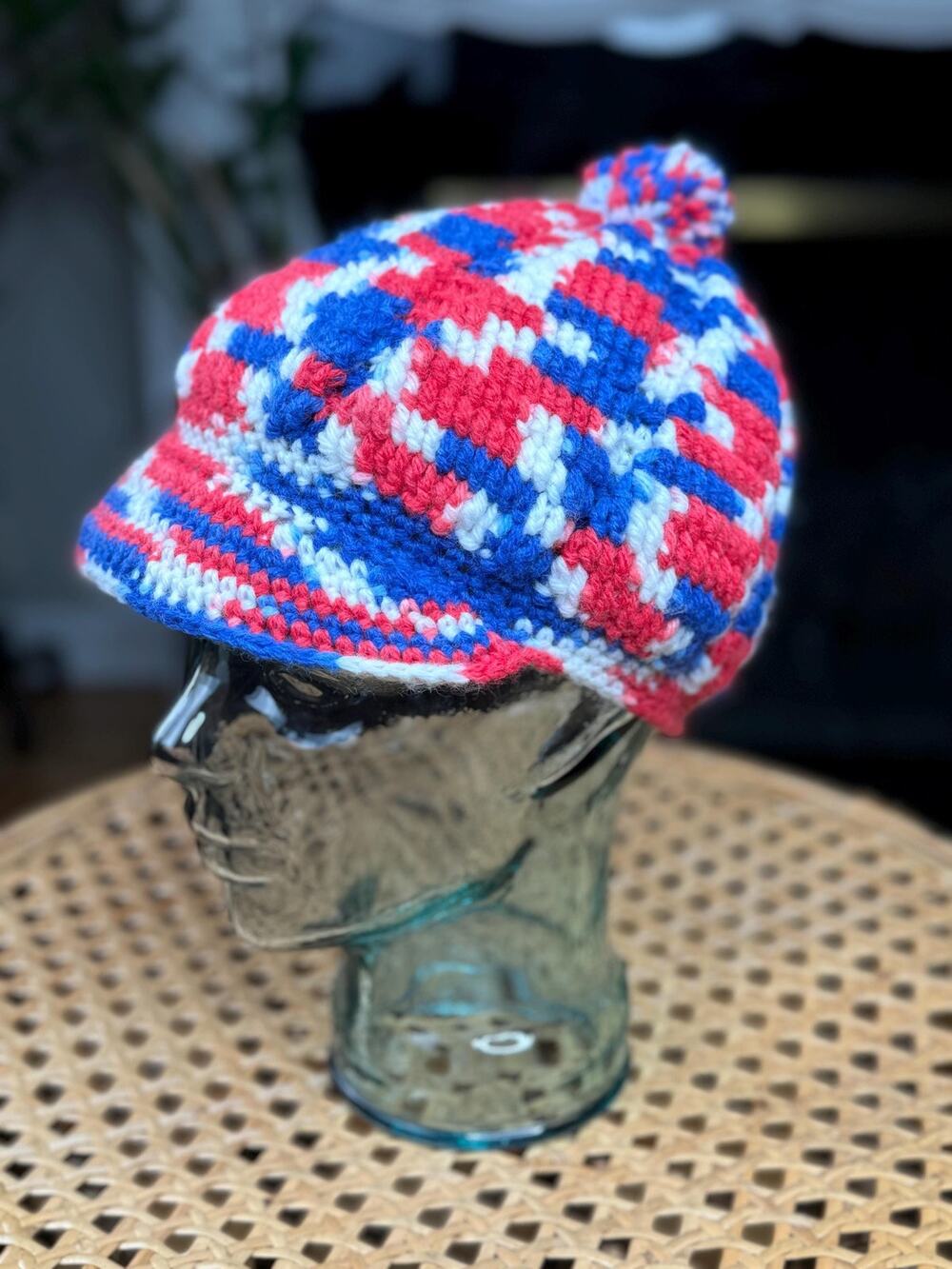 Vintage Crochet Pom Pom Hat With Brim, Red White & Blue Knit Hat, 60s 70s
